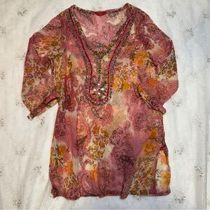 Vintage Beaded Sheer Paisley Floral Blouse – Size Large